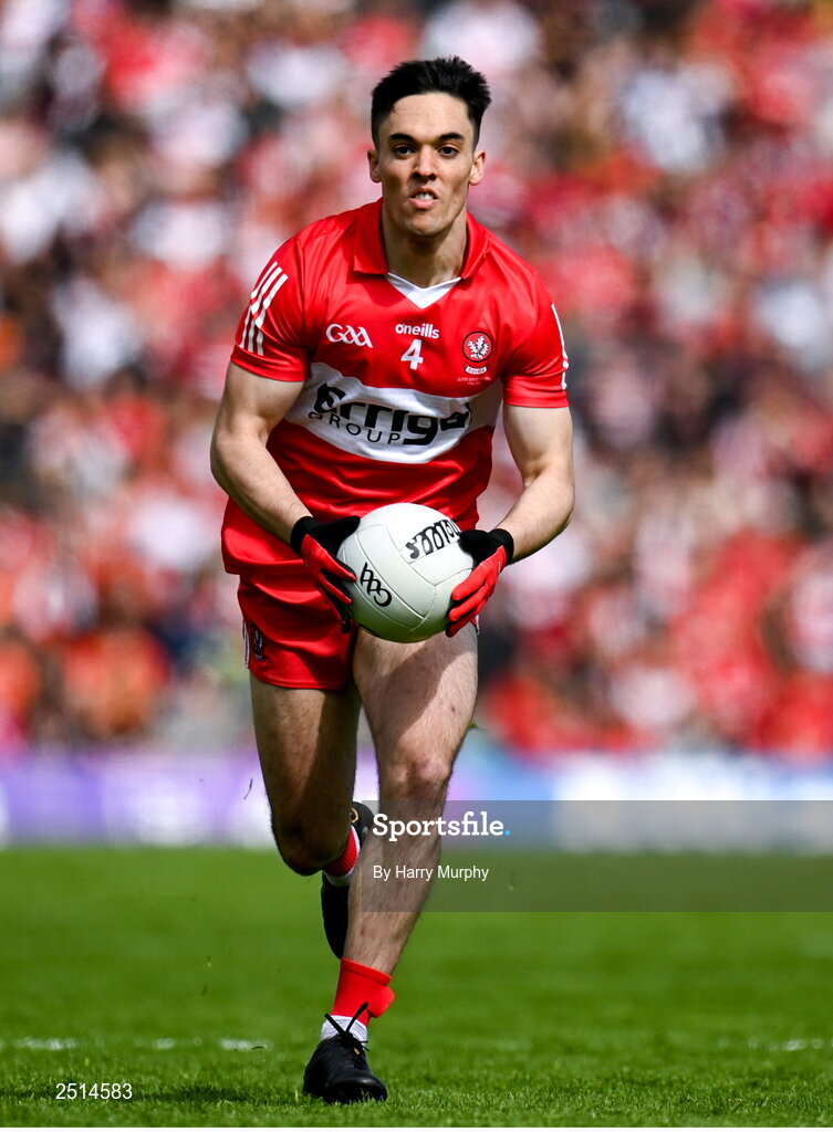 14 May 2023; Conor McCluskey of Derry during the Ulster GAA Football Senior Championship Final match between Armagh and Derry at St Tiernach’s Park in Clones, Monaghan. Photo by Harry Murphy/Sportsfile