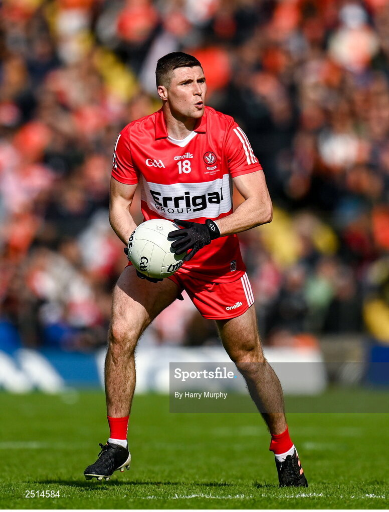 14 May 2023; Ciaran McFaul of Derry during the Ulster GAA Football Senior Championship Final match between Armagh and Derry at St Tiernach’s Park in Clones, Monaghan. Photo by Harry Murphy/Sportsfile