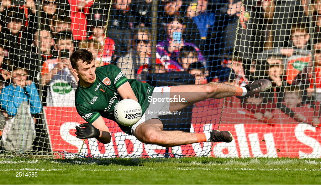 14 May 2023; Armagh goalkeeper Ethan Rafferty saves a penalty during the Ulster GAA Football Senior Championship Final match between Armagh and Derry at St Tiernach’s Park in Clones, Monaghan. Photo by Harry Murphy/Sportsfile