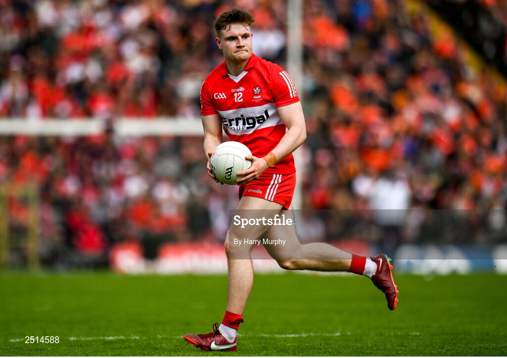 14 May 2023; Ethan Doherty of Derry during the Ulster GAA Football Senior Championship Final match between Armagh and Derry at St Tiernach’s Park in Clones, Monaghan. Photo by Harry Murphy/Sportsfile