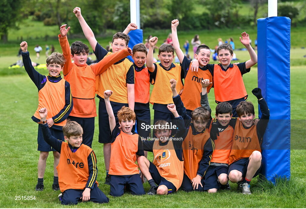 19 May 2023; Children from St Laurence's Boys National School in Kilmacud during the Leinster Rugby DLR Region Primary School Blitz at Stillorgan Rathfarnham RFC in Dublin. Photo by Piaras Ó Mídheach/Sportsfile