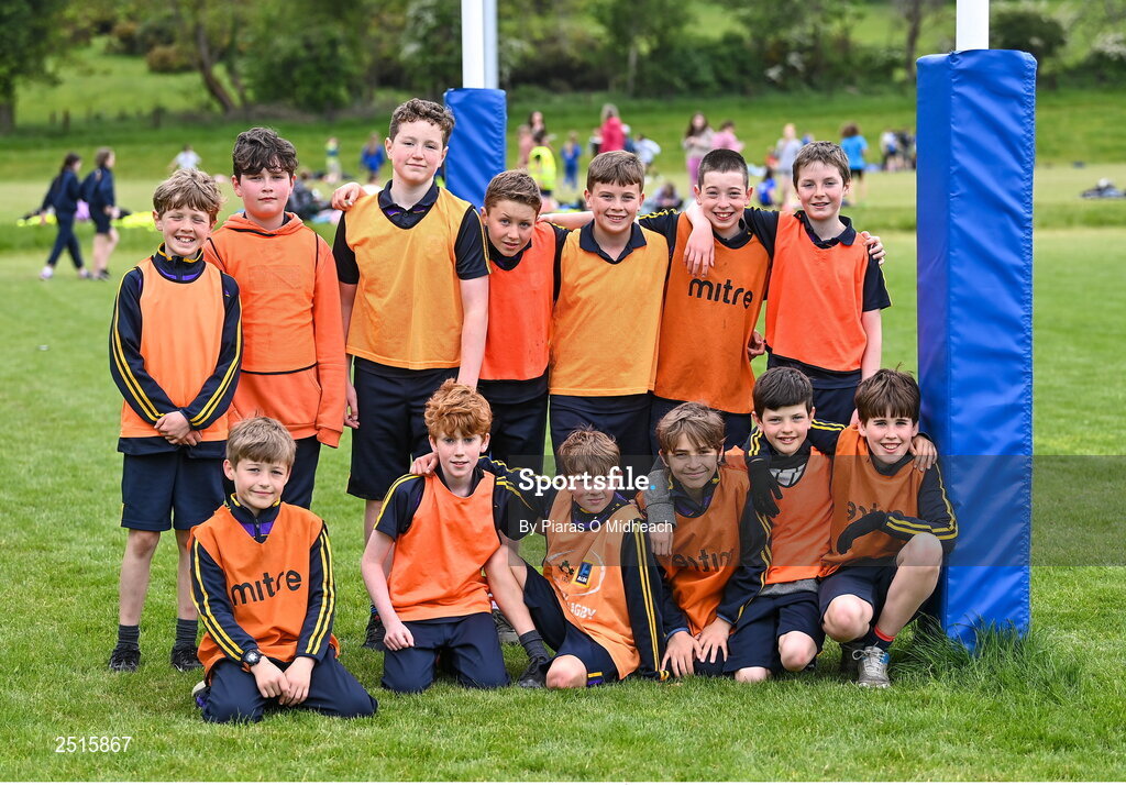 19 May 2023; Children from St Laurence's Boys National School in Kilmacud during the Leinster Rugby DLR Region Primary School Blitz at Stillorgan Rathfarnham RFC in Dublin. Photo by Piaras Ó Mídheach/Sportsfile