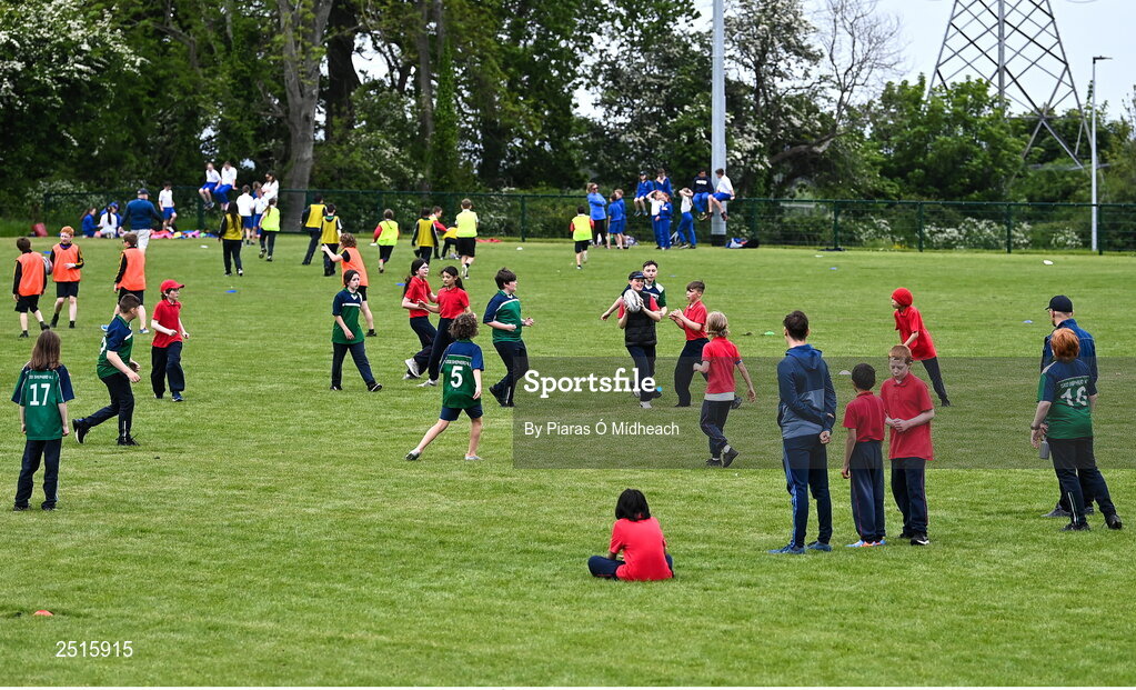 19 May 2023; Players during the Leinster Rugby DLR Region Primary School Blitz at Stillorgan Rathfarnham RFC in Dublin. Photo by Piaras Ó Mídheach/Sportsfile