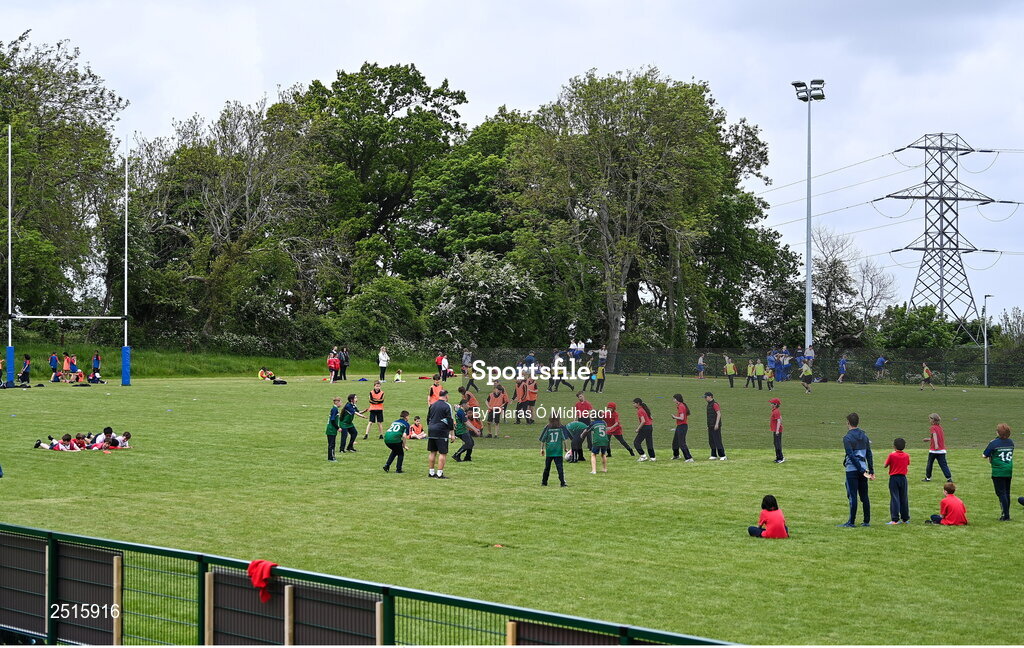 19 May 2023; Players during the Leinster Rugby DLR Region Primary School Blitz at Stillorgan Rathfarnham RFC in Dublin. Photo by Piaras Ó Mídheach/Sportsfile