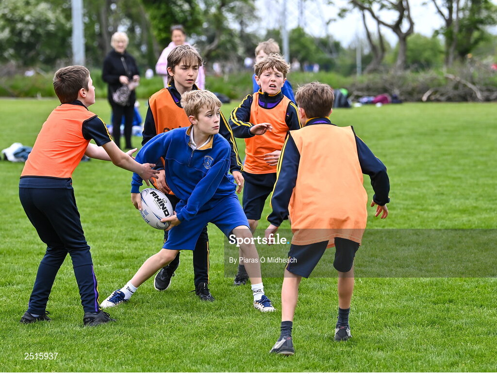 19 May 2023; Tom Hickey of Our Lady of the Wayside, Kilternan, during the Leinster Rugby DLR Region Primary School Blitz at Stillorgan Rathfarnham RFC in Dublin. Photo by Piaras Ó Mídheach/Sportsfile
