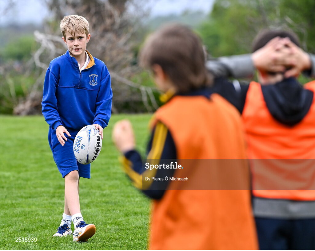 19 May 2023; Tom Hickey of Our Lady of the Wayside, Kilternan, during the Leinster Rugby DLR Region Primary School Blitz at Stillorgan Rathfarnham RFC in Dublin. Photo by Piaras Ó Mídheach/Sportsfile