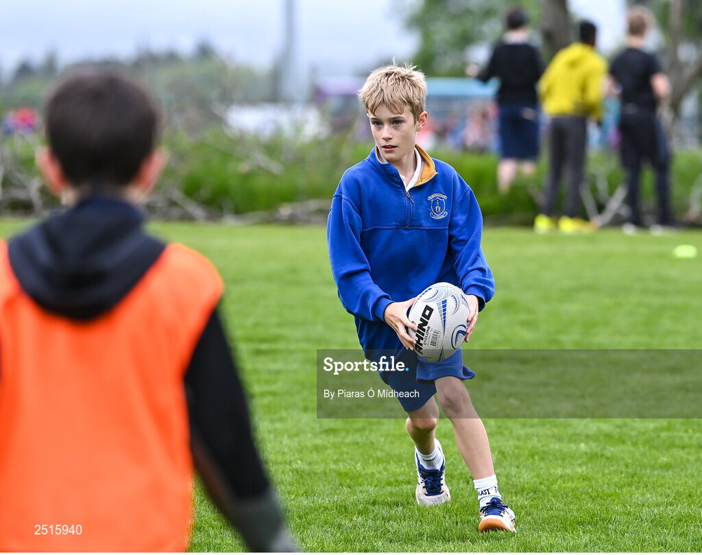 19 May 2023; Tom Hickey of Our Lady of the Wayside, Kilternan, during the Leinster Rugby DLR Region Primary School Blitz at Stillorgan Rathfarnham RFC in Dublin. Photo by Piaras Ó Mídheach/Sportsfile