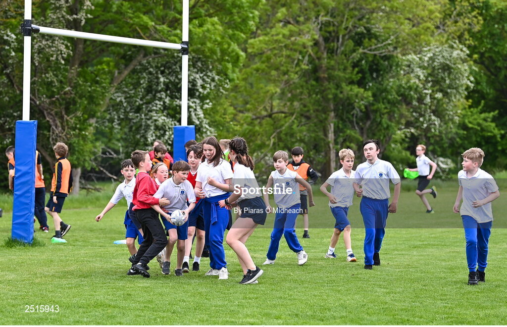 19 May 2023; Players during the Leinster Rugby DLR Region Primary School Blitz at Stillorgan Rathfarnham RFC in Dublin. Photo by Piaras Ó Mídheach/Sportsfile
