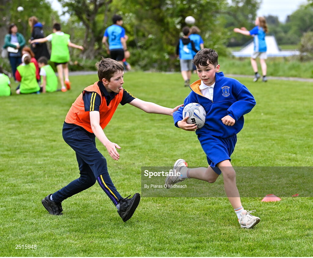 19 May 2023; Joshua Sherman of Our Lady of the Wayside, Kilternan, during the Leinster Rugby DLR Region Primary School Blitz at Stillorgan Rathfarnham RFC in Dublin. Photo by Piaras Ó Mídheach/Sportsfile