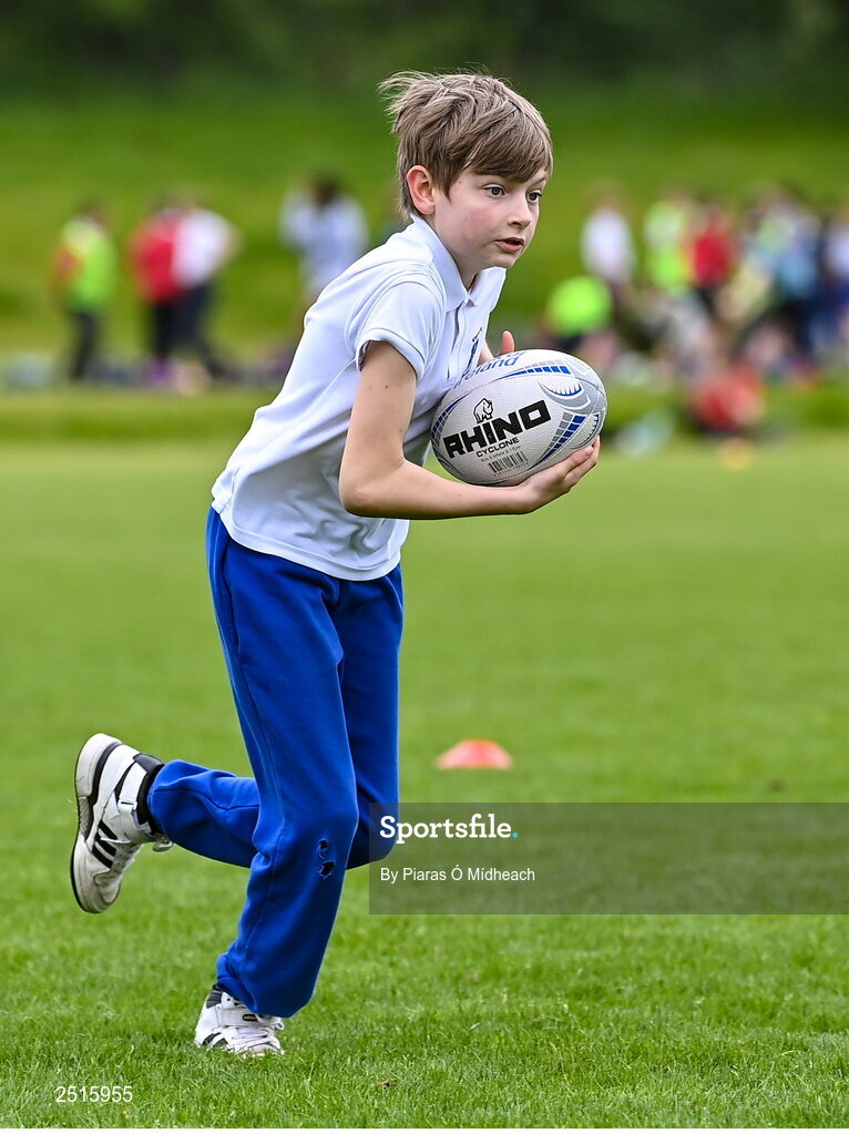 19 May 2023; David Cusack of Our Lady of the Wayside, Kilternan, during the Leinster Rugby DLR Region Primary School Blitz at Stillorgan Rathfarnham RFC in Dublin. Photo by Piaras Ó Mídheach/Sportsfile