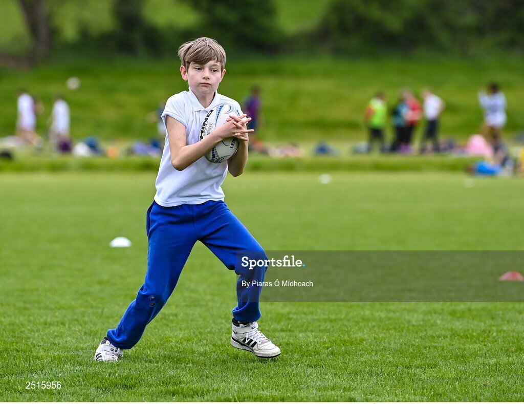 19 May 2023; David Cusack of Our Lady of the Wayside, Kilternan, during the Leinster Rugby DLR Region Primary School Blitz at Stillorgan Rathfarnham RFC in Dublin. Photo by Piaras Ó Mídheach/Sportsfile