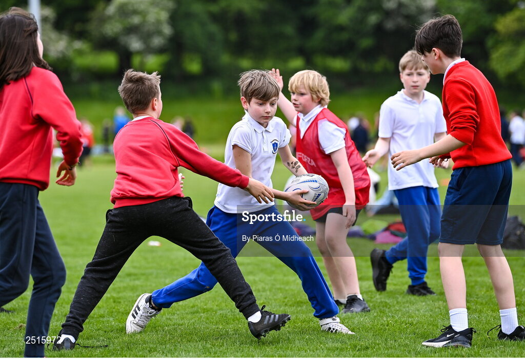 19 May 2023; David Cusack of Our Lady of the Wayside, Kilternan, during the Leinster Rugby DLR Region Primary School Blitz at Stillorgan Rathfarnham RFC in Dublin. Photo by Piaras Ó Mídheach/Sportsfile