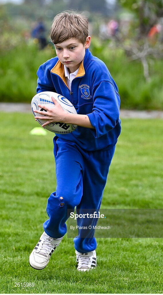 19 May 2023; David Cusack of Our Lady of the Wayside, Kilternan, during the Leinster Rugby DLR Region Primary School Blitz at Stillorgan Rathfarnham RFC in Dublin. Photo by Piaras Ó Mídheach/Sportsfile