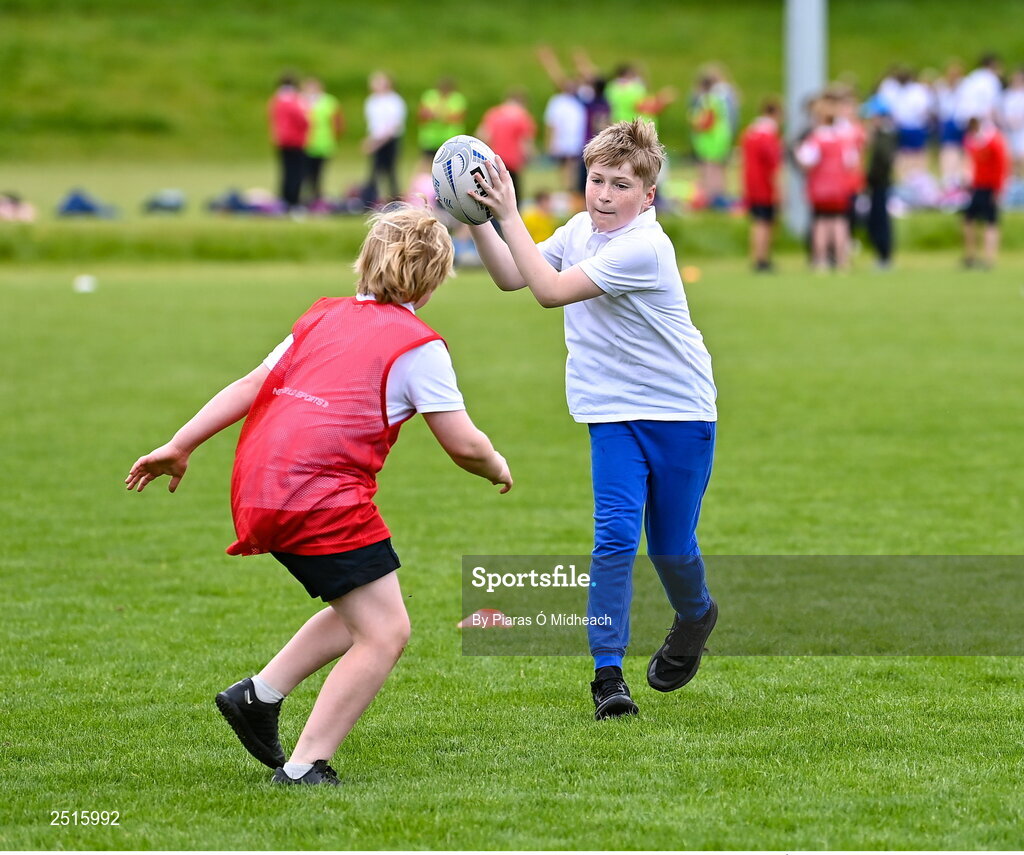 19 May 2023; Louie Lonergan of Our Lady of the Wayside, Kilternan, during the Leinster Rugby DLR Region Primary School Blitz at Stillorgan Rathfarnham RFC in Dublin. Photo by Piaras Ó Mídheach/Sportsfile