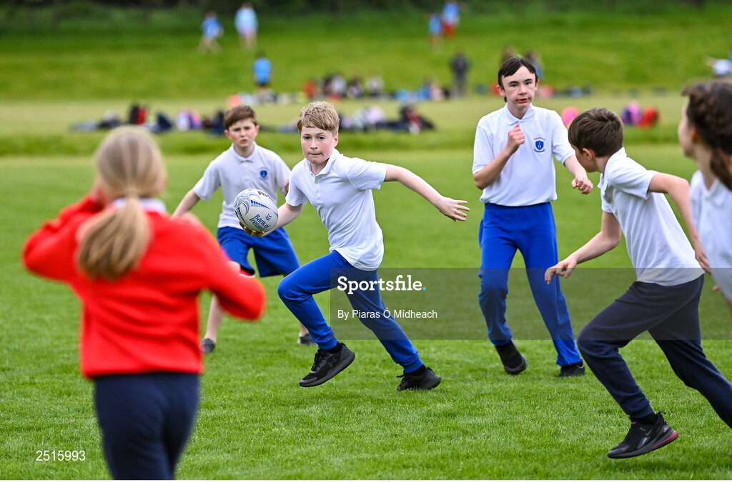 19 May 2023; Louie Lonergan of Our Lady of the Wayside, Kilternan, during the Leinster Rugby DLR Region Primary School Blitz at Stillorgan Rathfarnham RFC in Dublin. Photo by Piaras Ó Mídheach/Sportsfile