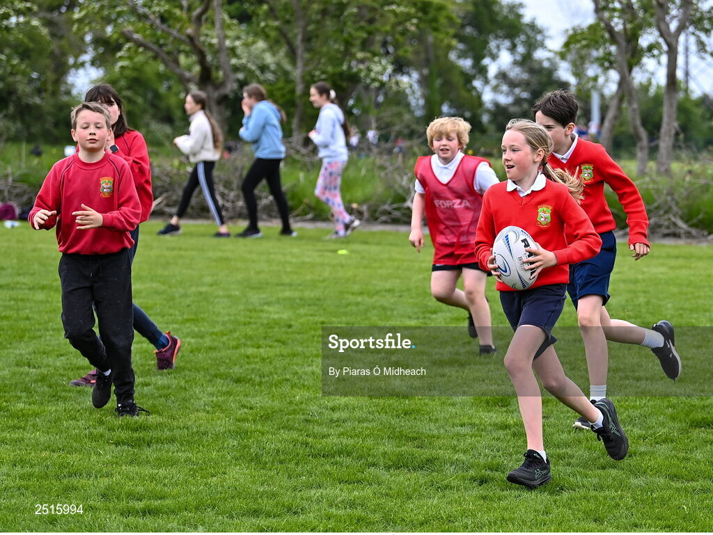 19 May 2023; Players during the Leinster Rugby DLR Region Primary School Blitz at Stillorgan Rathfarnham RFC in Dublin. Photo by Piaras Ó Mídheach/Sportsfile