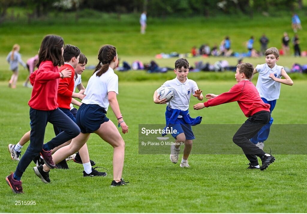 19 May 2023; Joshua Sherman of Our Lady of the Wayside, Kilternan, during the Leinster Rugby DLR Region Primary School Blitz at Stillorgan Rathfarnham RFC in Dublin. Photo by Piaras Ó Mídheach/Sportsfile