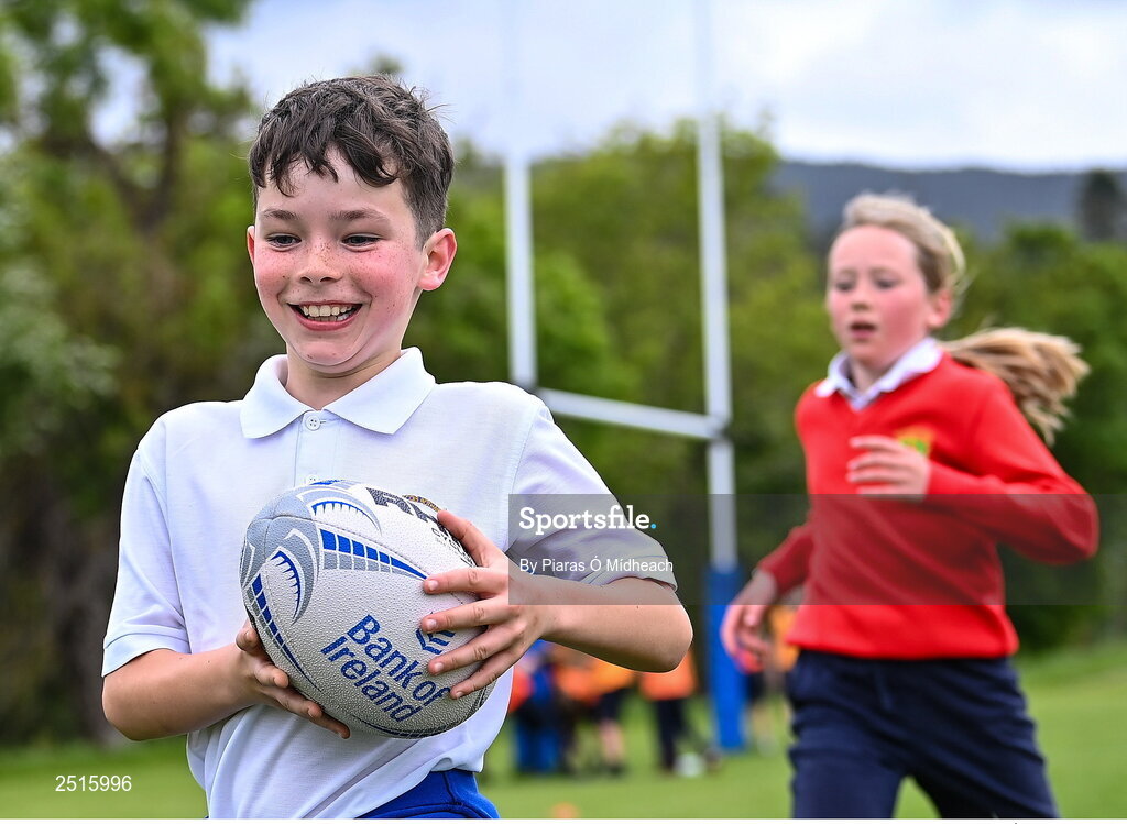 19 May 2023; Joshua Sherman of Our Lady of the Wayside, Kilternan, during the Leinster Rugby DLR Region Primary School Blitz at Stillorgan Rathfarnham RFC in Dublin. Photo by Piaras Ó Mídheach/Sportsfile