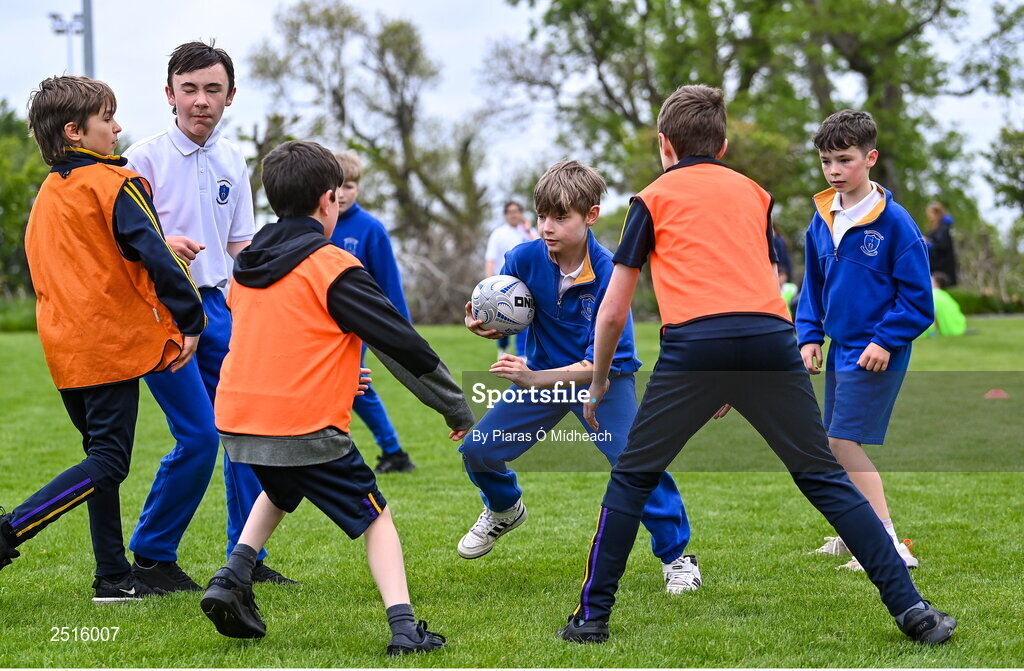 19 May 2023; Players during the Leinster Rugby DLR Region Primary School Blitz at Stillorgan Rathfarnham RFC in Dublin. Photo by Piaras Ó Mídheach/Sportsfile