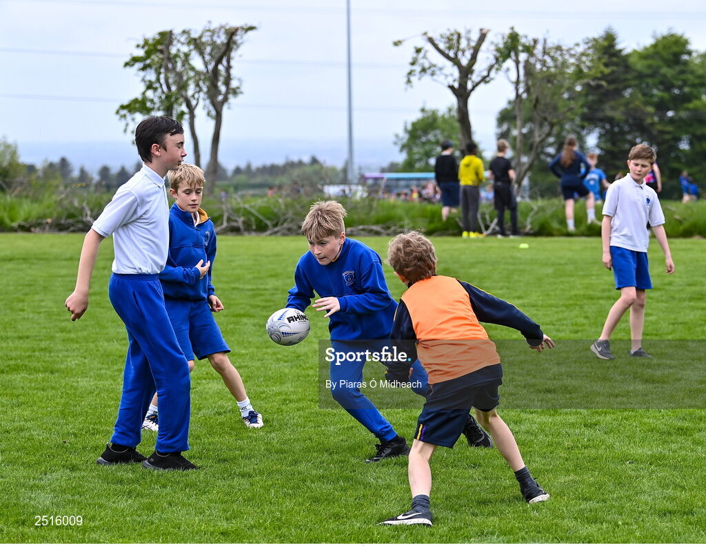 19 May 2023; Players during the Leinster Rugby DLR Region Primary School Blitz at Stillorgan Rathfarnham RFC in Dublin. Photo by Piaras Ó Mídheach/Sportsfile