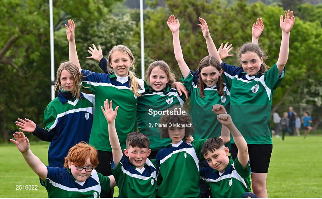 19 May 2023; Players from The Good Shepherd National School in Whitehall during the Leinster Rugby DLR Region Primary School Blitz at Stillorgan Rathfarnham RFC in Dublin. Photo by Piaras Ó Mídheach/Sportsfile