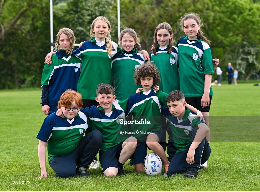 19 May 2023; Players from The Good Shepherd National School in Whitehall during the Leinster Rugby DLR Region Primary School Blitz at Stillorgan Rathfarnham RFC in Dublin. Photo by Piaras Ó Mídheach/Sportsfile