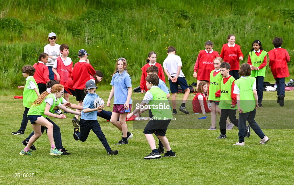 19 May 2023; Players during the Leinster Rugby DLR Region Primary School Blitz at Stillorgan Rathfarnham RFC in Dublin. Photo by Piaras Ó Mídheach/Sportsfile
