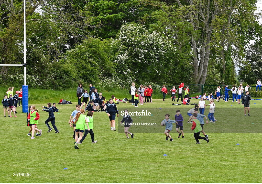 19 May 2023; Players during the Leinster Rugby DLR Region Primary School Blitz at Stillorgan Rathfarnham RFC in Dublin. Photo by Piaras Ó Mídheach/Sportsfile