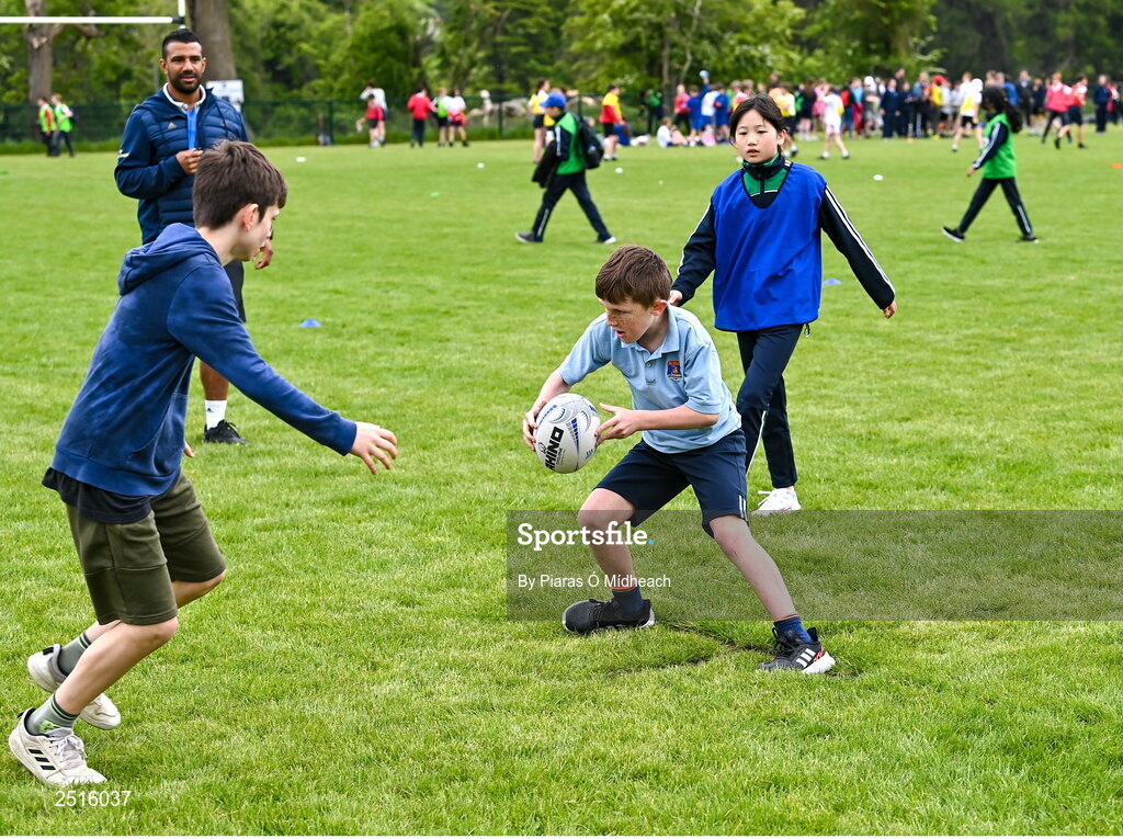 19 May 2023; Players during the Leinster Rugby DLR Region Primary School Blitz at Stillorgan Rathfarnham RFC in Dublin. Photo by Piaras Ó Mídheach/Sportsfile