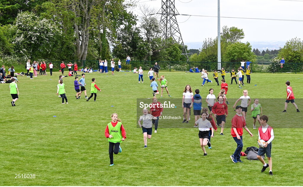 19 May 2023; Players during the Leinster Rugby DLR Region Primary School Blitz at Stillorgan Rathfarnham RFC in Dublin. Photo by Piaras Ó Mídheach/Sportsfile