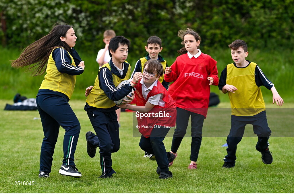 19 May 2023; Players during the Leinster Rugby DLR Region Primary School Blitz at Stillorgan Rathfarnham RFC in Dublin. Photo by Piaras Ó Mídheach/Sportsfile