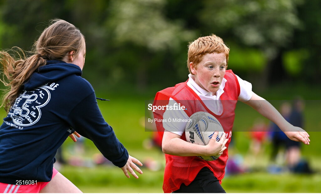 19 May 2023; Action from the Leinster Rugby DLR Region Primary School Blitz at Stillorgan Rathfarnham RFC in Dublin. Photo by Piaras Ó Mídheach/Sportsfile