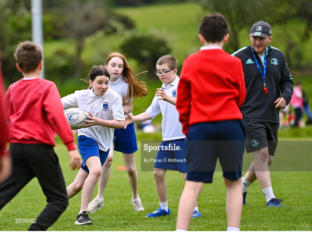 19 May 2023; Megan Lynch of Our Lady of the Wayside, Kilternan, during the Leinster Rugby DLR Region Primary School Blitz at Stillorgan Rathfarnham RFC in Dublin. Photo by Piaras Ó Mídheach/Sportsfile
