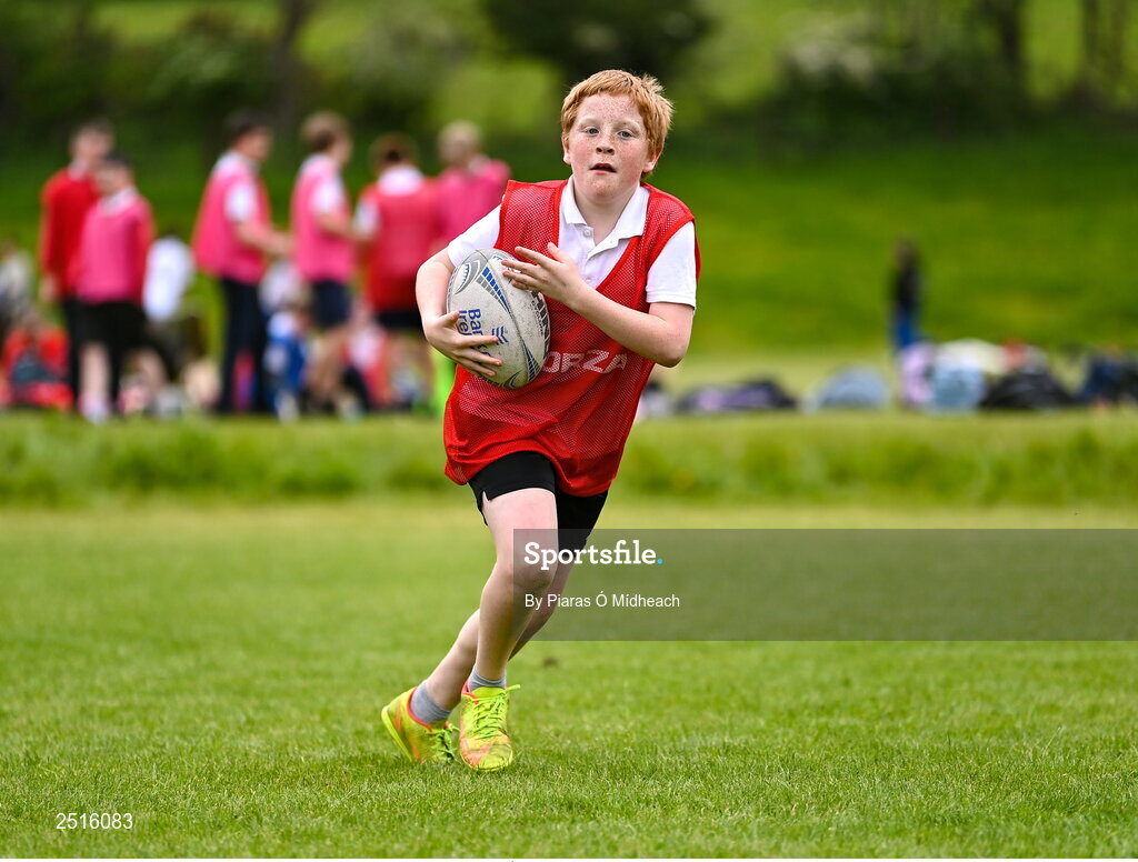 19 May 2023; Action from the Leinster Rugby DLR Region Primary School Blitz at Stillorgan Rathfarnham RFC in Dublin. Photo by Piaras Ó Mídheach/Sportsfile