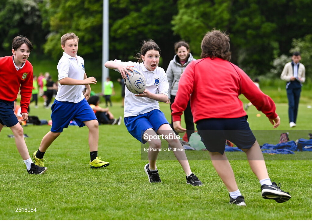 19 May 2023; Megan Lynch of Our Lady of the Wayside, Kilternan, during the Leinster Rugby DLR Region Primary School Blitz at Stillorgan Rathfarnham RFC in Dublin. Photo by Piaras Ó Mídheach/Sportsfile