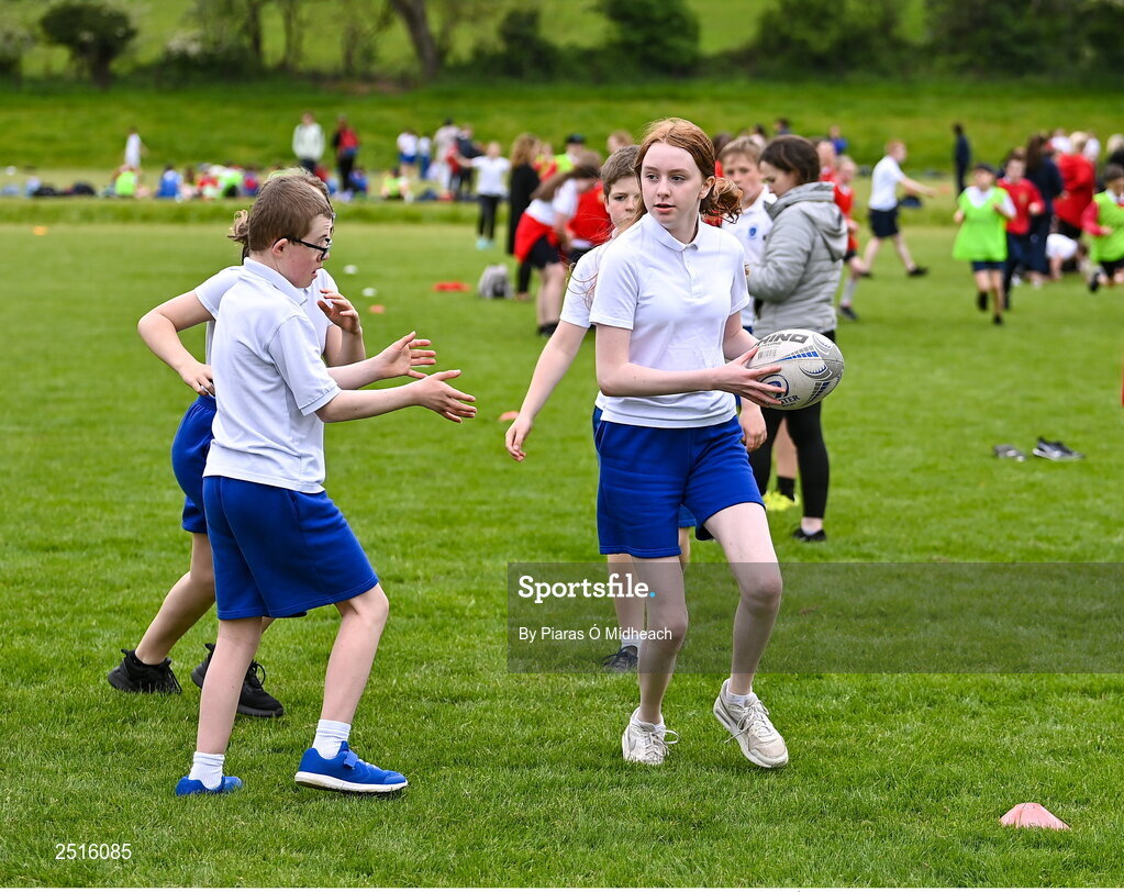 19 May 2023; Ella O'Neill of Our Lady of the Wayside, Kilternan, during the Leinster Rugby DLR Region Primary School Blitz at Stillorgan Rathfarnham RFC in Dublin. Photo by Piaras Ó Mídheach/Sportsfile