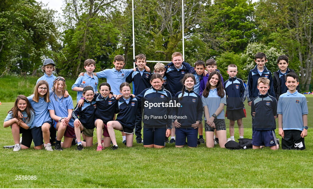 19 May 2023; Players from St Olaf's National School in Sandyford during the Leinster Rugby DLR Region Primary School Blitz at Stillorgan Rathfarnham RFC in Dublin. Photo by Piaras Ó Mídheach/Sportsfile
