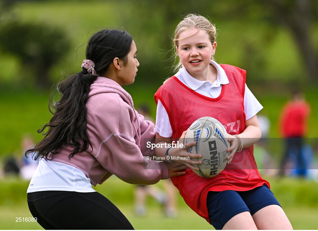 19 May 2023; Action from the Leinster Rugby DLR Region Primary School Blitz at Stillorgan Rathfarnham RFC in Dublin. Photo by Piaras Ó Mídheach/Sportsfile
