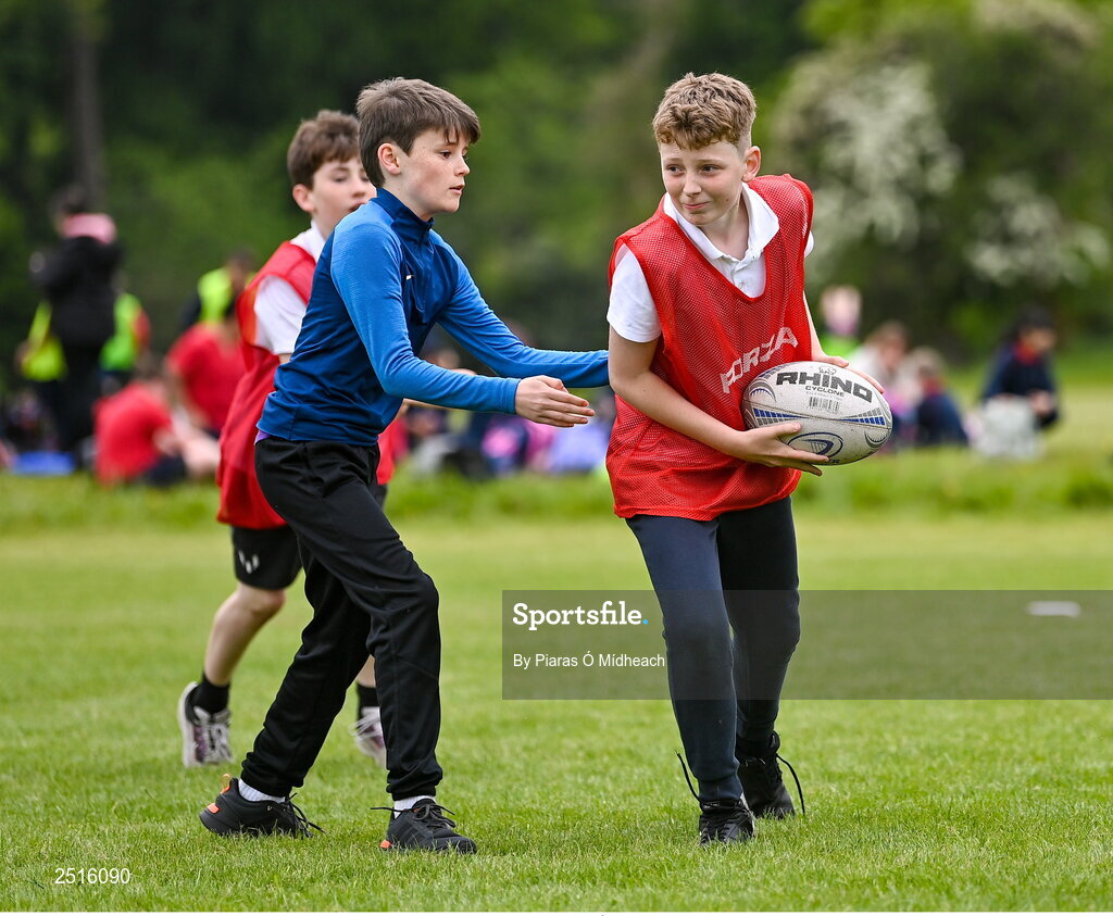 19 May 2023; Action from the Leinster Rugby DLR Region Primary School Blitz at Stillorgan Rathfarnham RFC in Dublin. Photo by Piaras Ó Mídheach/Sportsfile