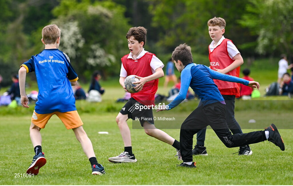 19 May 2023; Action from the Leinster Rugby DLR Region Primary School Blitz at Stillorgan Rathfarnham RFC in Dublin. Photo by Piaras Ó Mídheach/Sportsfile