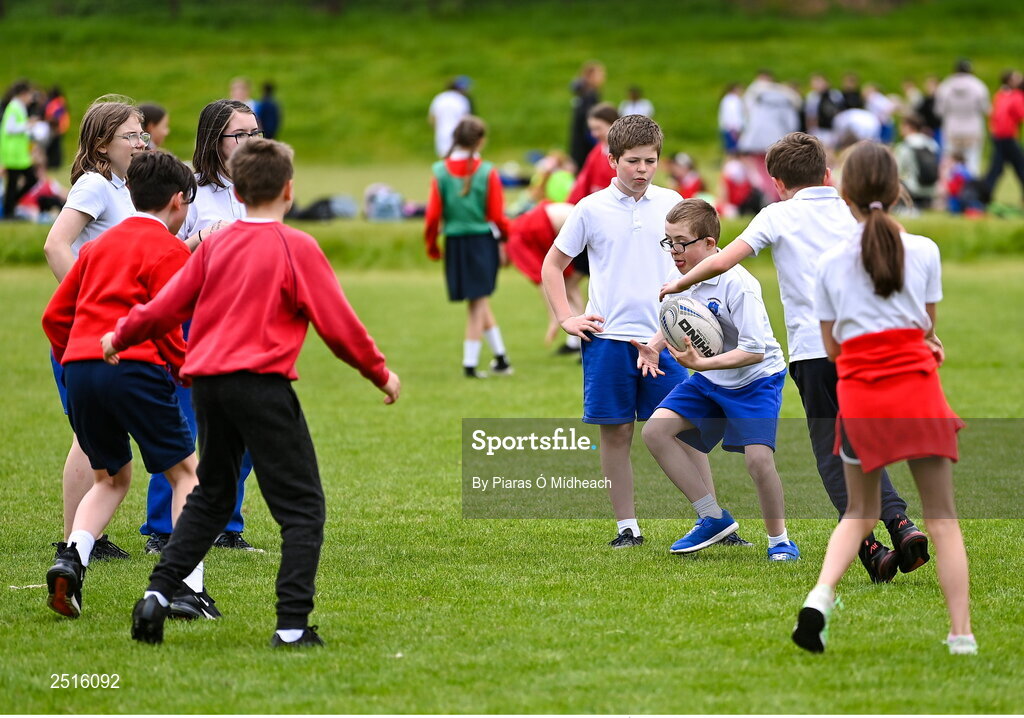 19 May 2023; Alan Ryan of Our Lady of the Wayside, Kilternan, during the Leinster Rugby DLR Region Primary School Blitz at Stillorgan Rathfarnham RFC in Dublin. Photo by Piaras Ó Mídheach/Sportsfile