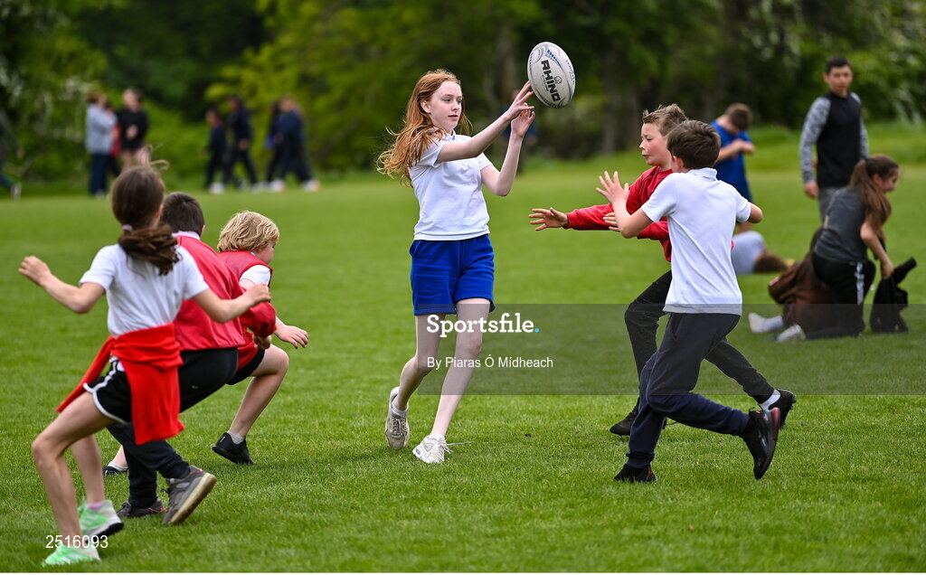 19 May 2023; Ella O'Neill of Our Lady of the Wayside, Kilternan, during the Leinster Rugby DLR Region Primary School Blitz at Stillorgan Rathfarnham RFC in Dublin. Photo by Piaras Ó Mídheach/Sportsfile