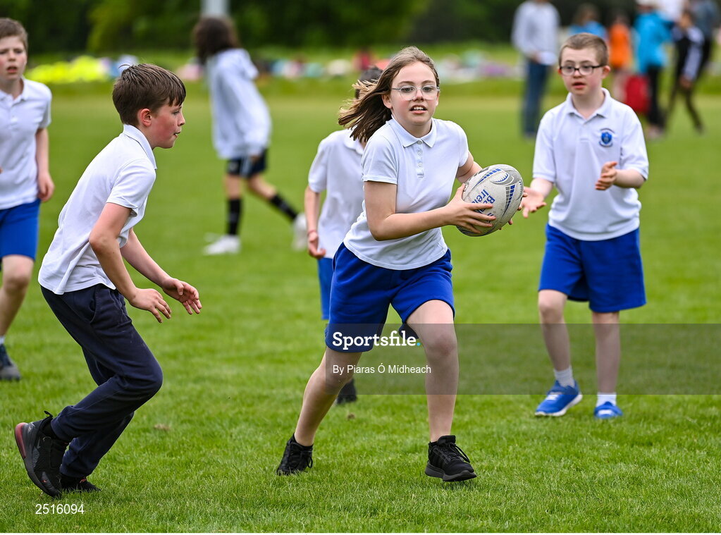 19 May 2023; Action from the Leinster Rugby DLR Region Primary School Blitz at Stillorgan Rathfarnham RFC in Dublin. Photo by Piaras Ó Mídheach/Sportsfile