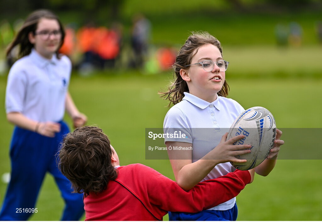 19 May 2023; Action from the Leinster Rugby DLR Region Primary School Blitz at Stillorgan Rathfarnham RFC in Dublin. Photo by Piaras Ó Mídheach/Sportsfile