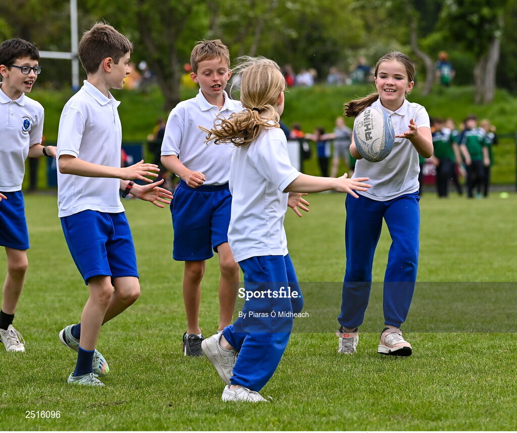 19 May 2023; Jessie Vaughan of Our Lady of the Wayside, Kilternan, during the Leinster Rugby DLR Region Primary School Blitz at Stillorgan Rathfarnham RFC in Dublin. Photo by Piaras Ó Mídheach/Sportsfile