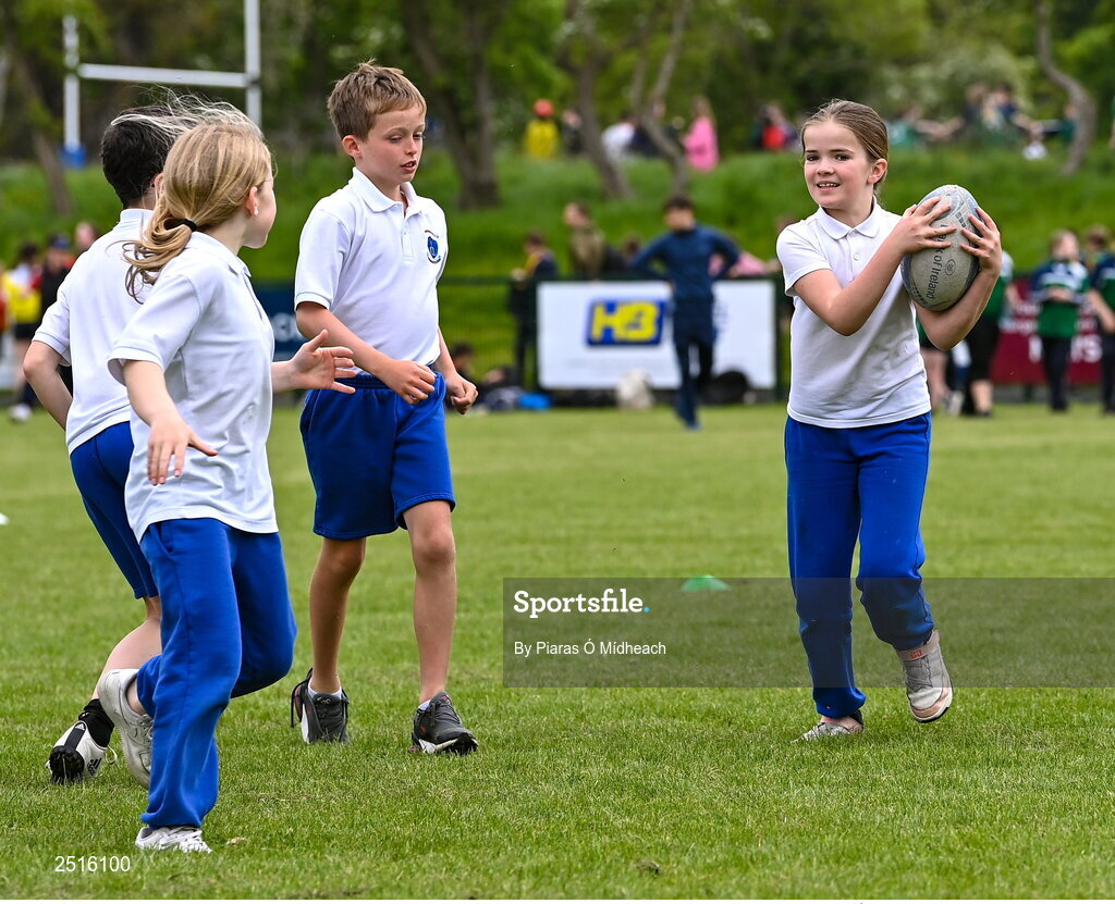 19 May 2023; Jessie Vaughan of Our Lady of the Wayside, Kilternan, during the Leinster Rugby DLR Region Primary School Blitz at Stillorgan Rathfarnham RFC in Dublin. Photo by Piaras Ó Mídheach/Sportsfile