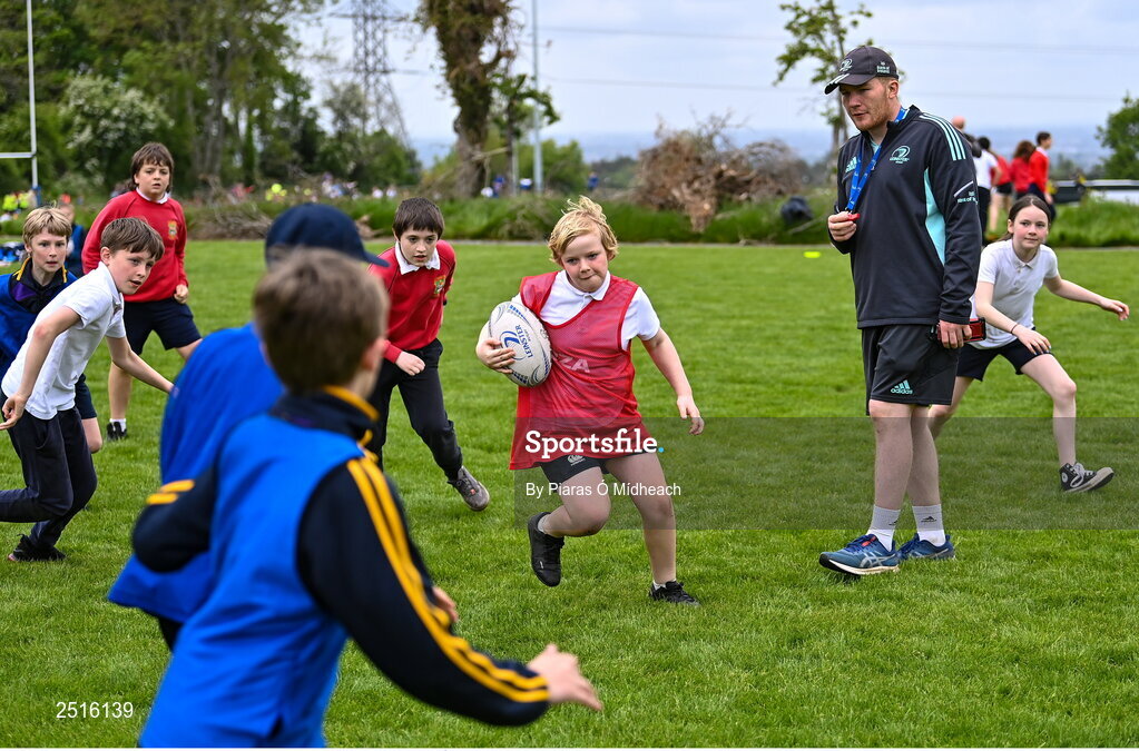 19 May 2023; Action from the Leinster Rugby DLR Region Primary School Blitz at Stillorgan Rathfarnham RFC in Dublin. Photo by Piaras Ó Mídheach/Sportsfile