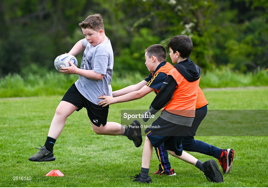 19 May 2023; Action from the Leinster Rugby DLR Region Primary School Blitz at Stillorgan Rathfarnham RFC in Dublin. Photo by Piaras Ó Mídheach/Sportsfile