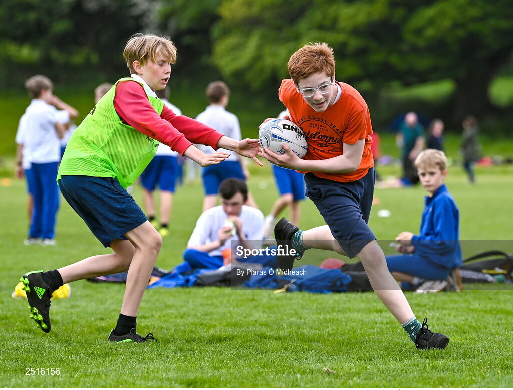 19 May 2023; Eamon Kilroy of Rathfarnham Educate Together National School during the Leinster Rugby DLR Region Primary School Blitz at Stillorgan Rathfarnham RFC in Dublin. Photo by Piaras Ó Mídheach/Sportsfile