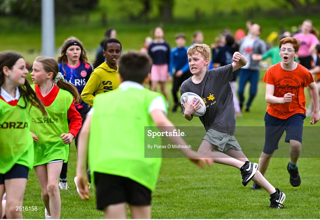 19 May 2023; Oscar O'Sullivan of Rathfarnham Educate Together National School during the Leinster Rugby DLR Region Primary School Blitz at Stillorgan Rathfarnham RFC in Dublin. Photo by Piaras Ó Mídheach/Sportsfile